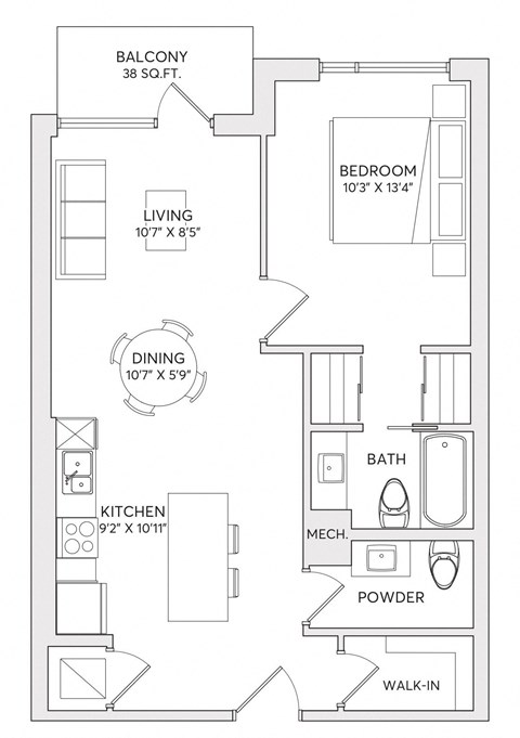 Floor plan for 1 bed, 1 bath, 570 sqft